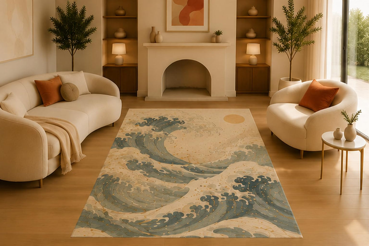 ICE ARMOR 5' x 7' Japanese Ocean Waves Area Rug, Soft Low Pile Indoor Rug with Non-Slip Silicone Backing, Decorative Carpet for Living Room, Bedroom, Blue Cream