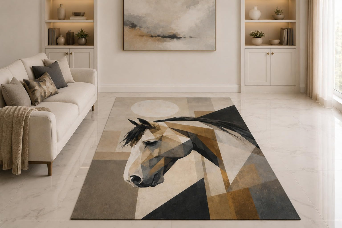 ICE ARMOR "Ultra Thin 5' x 7" Faceted Horse Area Rug for Living Room, Bedroom and Home Office, Soft Low Pile Carpet with Non-Slip Silicone Backing, Beige and Black