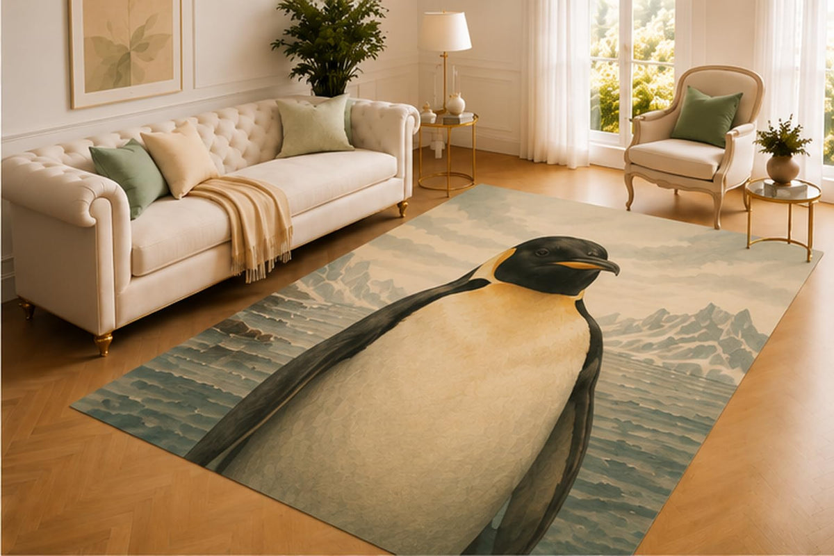 ICE ARMOR 5' x 7' Penguin Rug, Antarctic Bird Beside ICY Ocean Mountains, Soft Printed Floor Cover for Living Room, Bedroom, Nursery and Winter Home Decor