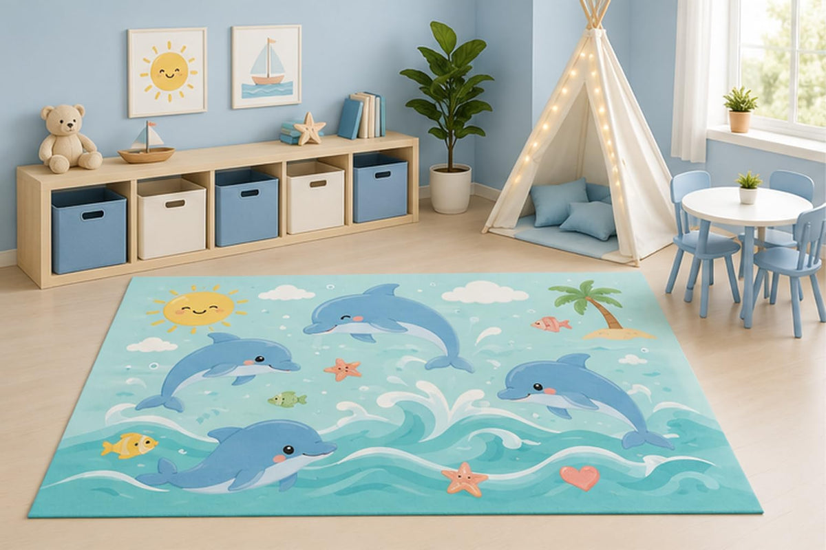 ICE ARMOR 5' x 7' Cute Dolphin Ocean Area Rug for Kids Playroom Nursery Bedroom, Dolphins Waves Tropical Sea Life Coastal Cartoon Decor, Non-Slip Silicone Backing Low Pile