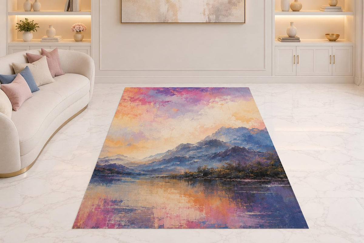 ICE ARMOR "Ultra Thin 5' x 7" Mountain Reflection Area Rug for Living Room, Bedroom and Home Office, Soft Low Pile Carpet with Non-Slip Silicone Backing, Purple and Blue