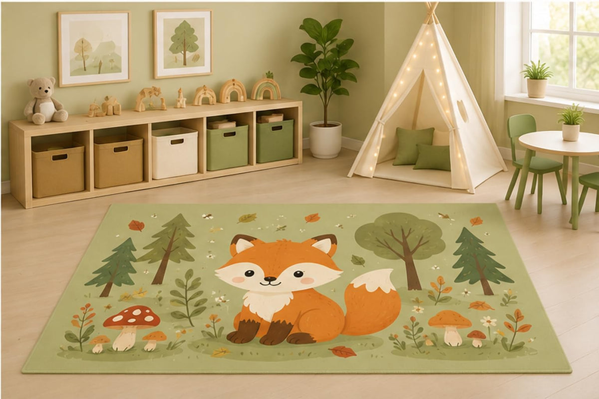 ICE ARMOR 5' x 7' Woodland Fox Forest Area Rug for Kids Playroom Nursery Bedroom, Cute Animal Mushroom Trees Cartoon Decorative Carpet, Non-Slip Silicone Backing Low Pile
