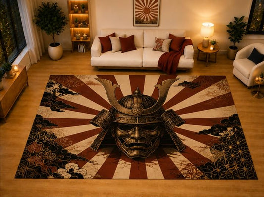 ICE ARMOR "Ultra Light Weight Large 6'7" x 9'10" Rising Sun Battle Helmet Area Rug for Living Room Bedroom Dining Area, Soft Low Pile Non-Slip Backing, Red Black Beige Vintage Armor Decor