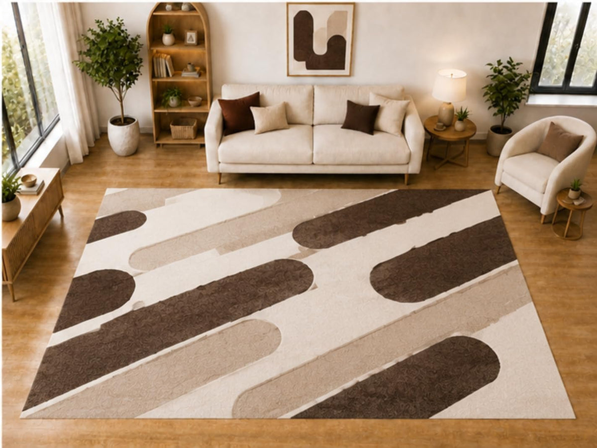 ICE ARMOR "Ultra Light Weight Large 6'7 x 9'10 Brown Diagonal Rounded Bar Pattern Area Rug for Living Room Bedroom Dining Room Soft Low Pile Indoor Carpet Modern Contemporary Floor Decor