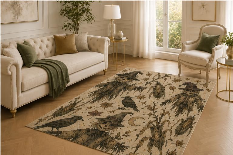 ICE ARMOR 5' x 7' Gargoyle Arch Rug, Winged Statue and Crescent Motif, Smooth Printed Floor Cover for Foyer, Library, Hallway and Medieval Gothic Decor