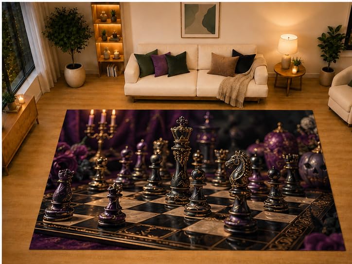 ICE ARMOR "Ultra Light Weight Large 6'7" x 9'10" Gothic Chess Board Area Rug for Living Room Bedroom Dining Area, Soft Low Pile Non-Slip Backing, Purple Black Dark Academia Game Decor