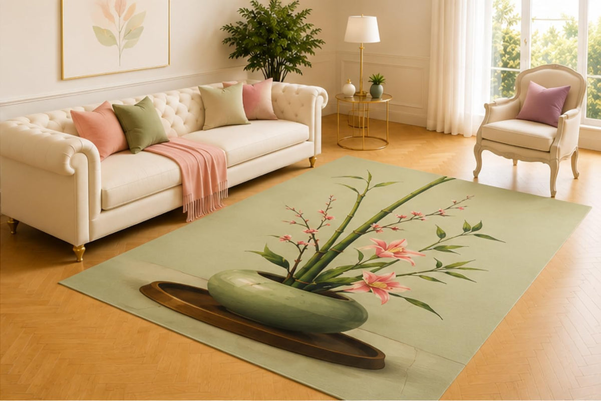 ICE ARMOR 5' x 7' Bamboo Ikebana Rug, Pink Lilies and Green Stems in a Jade Vase, Calm Asian Inspired Accent for Living Room, Bedroom, Meditation Room or Office