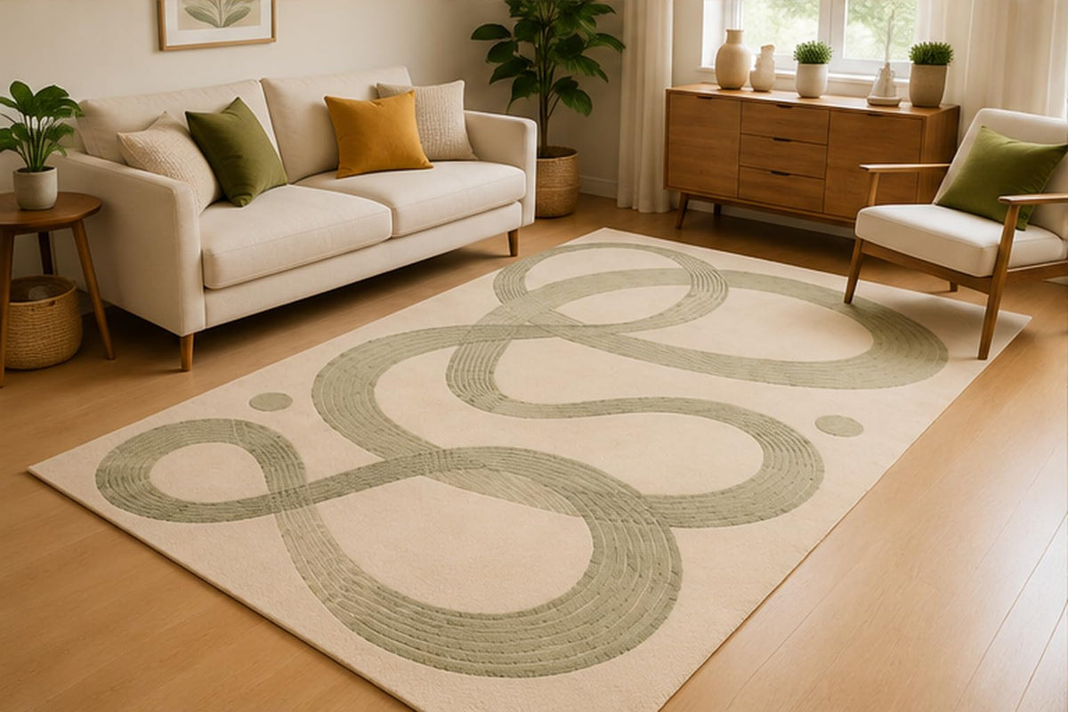 ICE ARMOR 5' x 7' Abstract Ribbon Loop Area Rug for Living Room, Soft Low Pile Indoor Rug with Non-Slip Silicone Backing, Modern Carpet for Bedroom, Office, Family Room, Sage Green Ivory