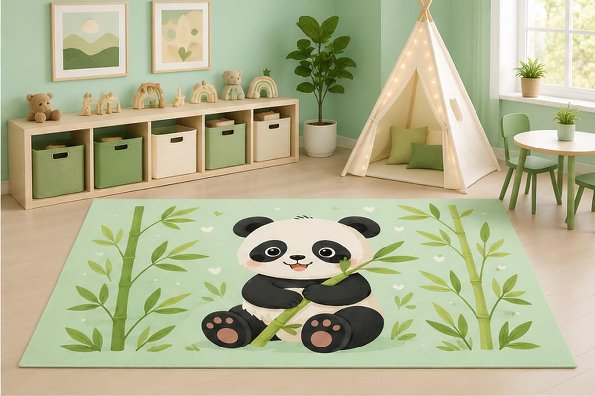 ICE ARMOR 5' x 7' Cute Panda Bamboo Area Rug for Kids Playroom Nursery Bedroom, Woodland Animal Cartoon Nature Decorative Carpet, Non-Slip Silicone Backing Low Pile