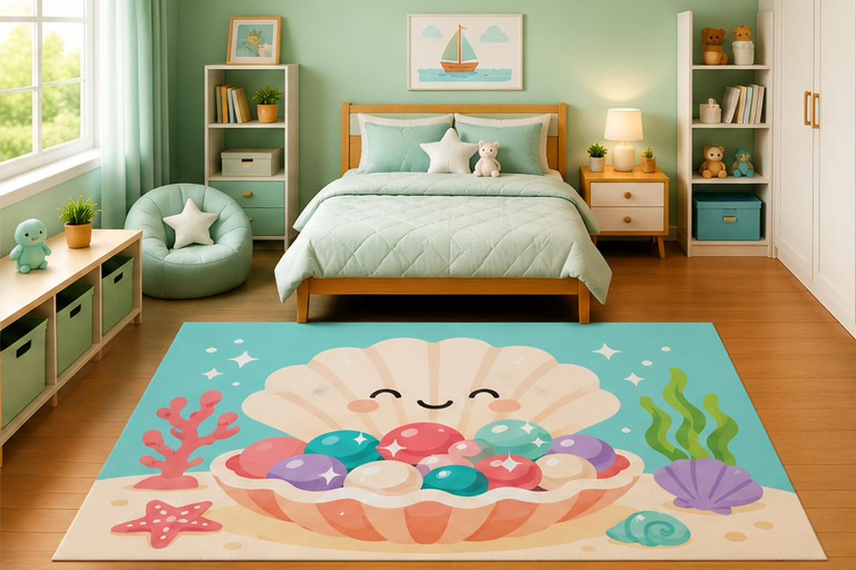 ICE ARMOR 5' x 7' Smiling Pearl Filled Seashell Area Rug for Girls Bedroom Nursery Playroom Scandinavian Minimalist Coastal Ocean Fantasy Decor Non-Slip Silicone Backing Low Pile