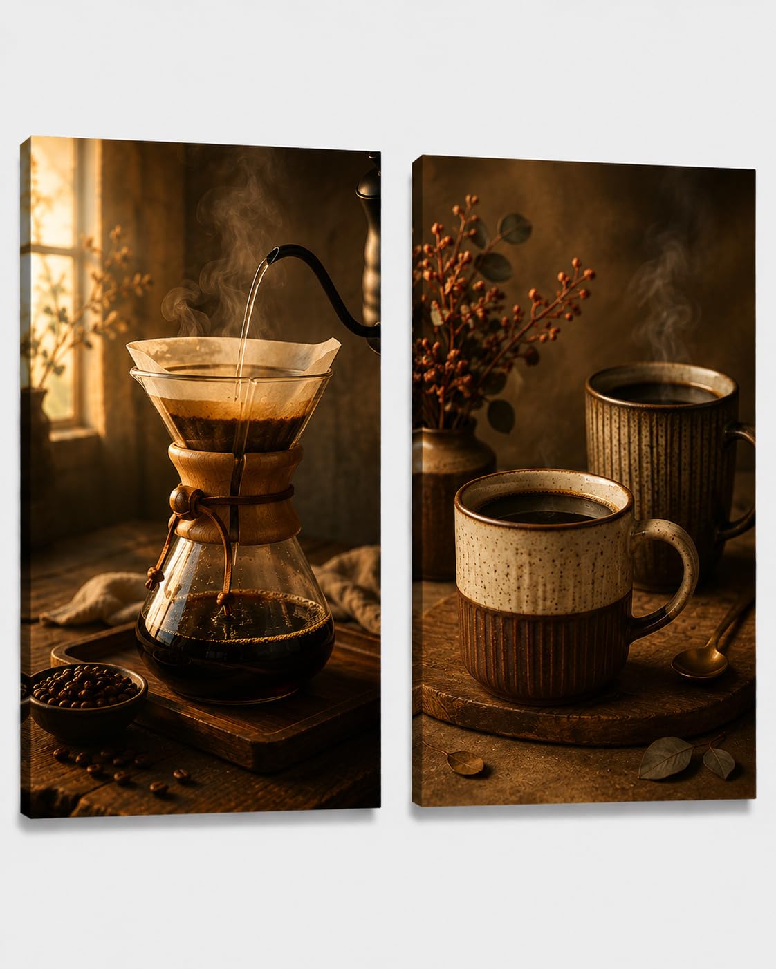 ICE ARMOR Extra-Large Set of 2 Pour Over Coffee Wall Art Rustic Cafe Decor Ceramic Mug Kitchen Dining Room Coffee Bar Artwork 24x36 Inch Canvas Print - Ready to hang