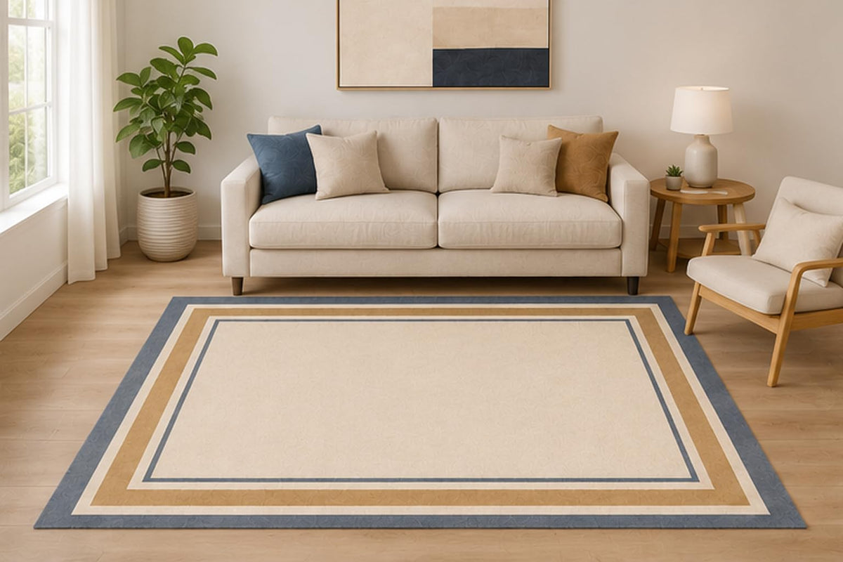 ICE ARMOR 5' x 7' Border Geometric Area Rug, Neutral Gray Beige Minimalist Square Frame Design for Living Room Bedroom Office, Non-Slip Silicone Backing, Low Pile Carpet