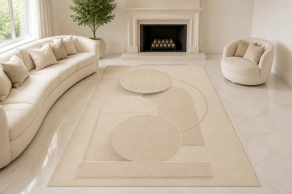 ICE ARMOR "Ultra Lightweight Large 6'7" x 9'10" Curved Circles Area Rug for Living Room, Bedroom and Home Office, Soft Low Pile Carpet with Non-Slip Silicone Backing, Ivory and Beige