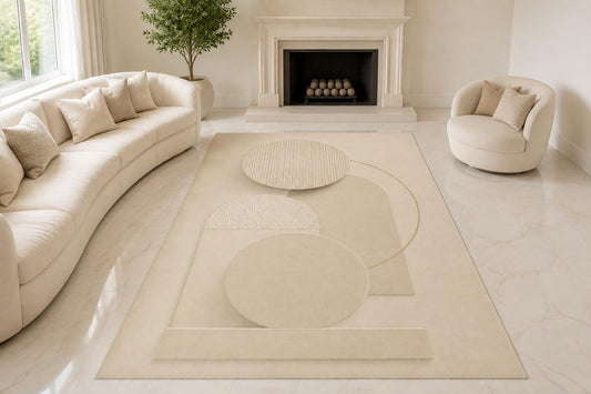 ICE ARMOR "Ultra Lightweight Large 6'7" x 9'10" Curved Circles Area Rug for Living Room, Bedroom and Home Office, Soft Low Pile Carpet with Non-Slip Silicone Backing, Ivory and Beige