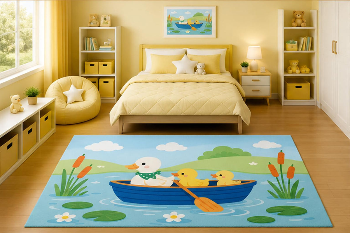 ICE ARMOR 5' x 7' Duck Family Rowboat Area Rug for Kids Bedroom Nursery Playroom Scandinavian Minimalist Lake Nature Animal Decor Non-Slip Silicone Backing Low Pile