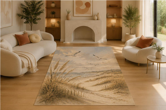 ICE ARMOR 5' x 7' Peaceful Coastal Beach Dunes Area Rug, Soft Low Pile Non-Slip Indoor Carpet for Living Room, Bedroom, Beach House, Guest Room and Seaside Home Decor, Beige