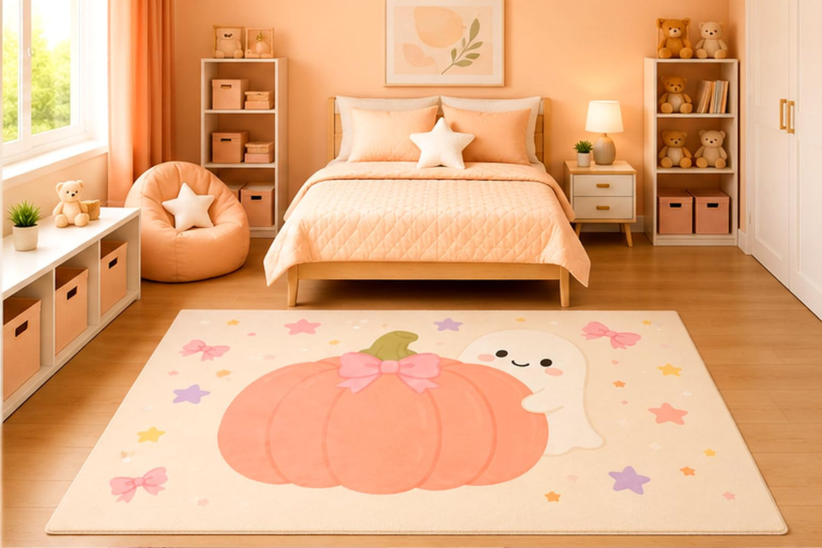ICE ARMOR 5' x 7' Cute Ghost and Pink Pumpkin Area Rug for Girls Bedroom Nursery Playroom Scandinavian Minimalist Kawaii Halloween Decor Non-Slip Silicone Backing Low Pile
