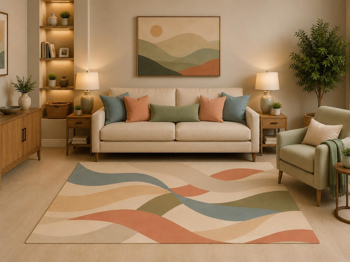 ICE ARMOR 5' x 7' Boho Abstract Landscape Area Rug Modern Wavy Earth Tone Hills Scandinavian Design for Living Room Bedroom Dining Room Office Non-Slip Silicone Backing Low Pile