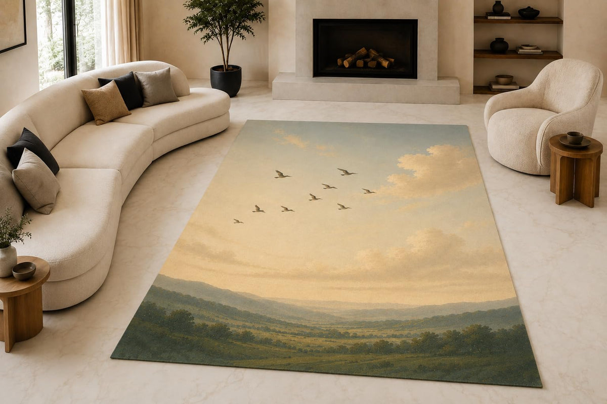 ICE ARMOR "Ultra Lightweight Large 6'7" x 9'10" Birds Over Hills Area Rug for Living Room, Bedroom and Home Office, Soft Low Pile Carpet with Non-Slip Silicone Backing, Blue and Green