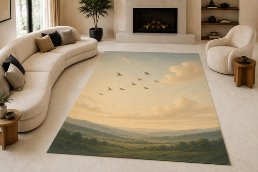 ICE ARMOR "Ultra Lightweight Large 6'7" x 9'10" Birds Over Hills Area Rug for Living Room, Bedroom and Home Office, Soft Low Pile Carpet with Non-Slip Silicone Backing, Blue and Green