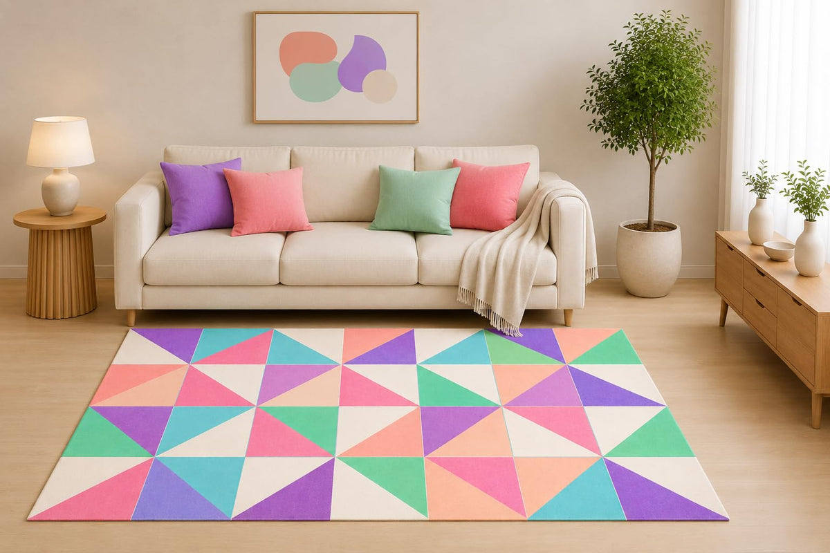 ICE ARMOR 5' x 7' Pastel Geometric Area Rug, Pink Mint Purple Triangle Pattern for Living Room Bedroom Nursery, Non-Slip Silicone Backing, Low Pile Carpet