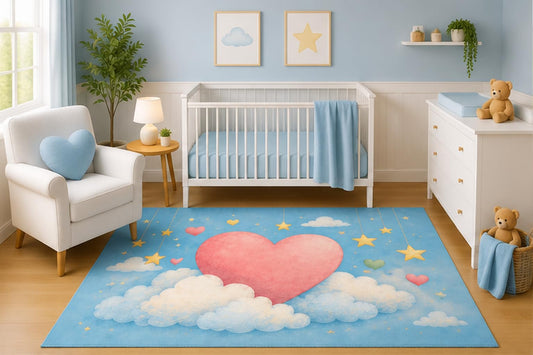 ICE ARMOR 5' x 7' Watercolor Heart in Clouds Nursery Area Rug, Pastel Sky Stars Hanging Garland Kids Bedroom Playroom Decor Carpet, Non-Slip Silicone Backing Low Pile