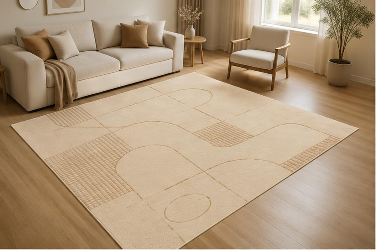 ICE ARMOR 5' x 7' Minimal Geometric Line Area Rug for Living Room, Soft Low Pile Indoor Rug with Non-Slip Silicone Backing, Modern Carpet for Bedroom, Office, Family Room, Beige Ivory