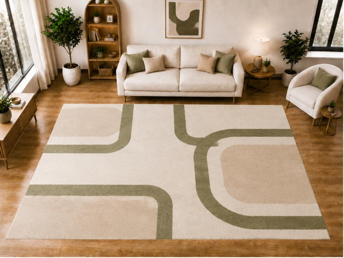 ICE ARMOR "Ultra Light Weight Large 6'7 x 9'10 Sage Rounded Path Pattern Area Rug for Living Room Bedroom Dining Room Soft Low Pile Indoor Carpet Modern Geometric Floor Decor