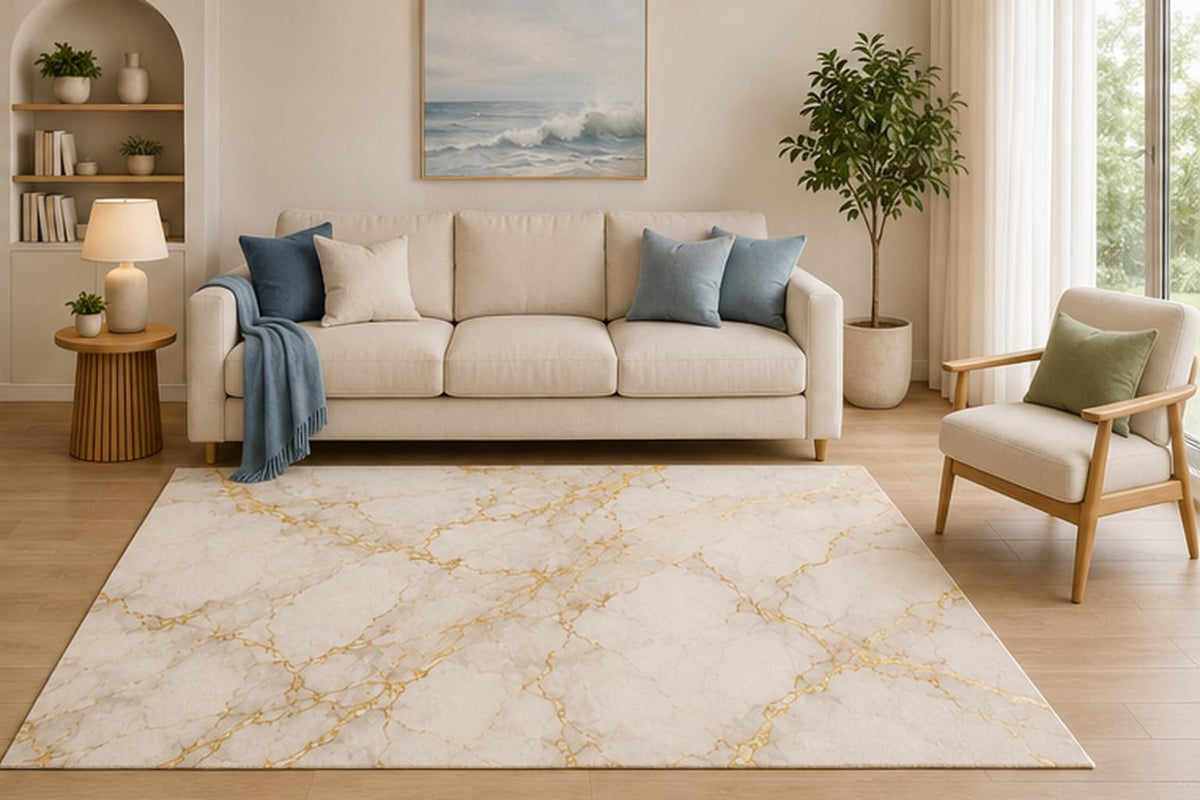 ICE ARMOR 5' x 7' White Marble Area Rug, Luxury Gold Vein Abstract Stone Pattern for Living Room Bedroom Dining Room, Non-Slip Silicone Backing, Low Pile Carpet