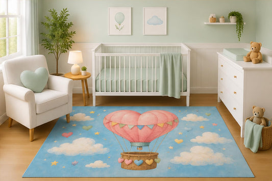 ICE ARMOR 5' x 7' Watercolor Heart Hot Air Balloon Nursery Area Rug, Pastel Sky Clouds Kids Bedroom Playroom Baby Room Decor Carpet, Non-Slip Silicone Backing Low Pile