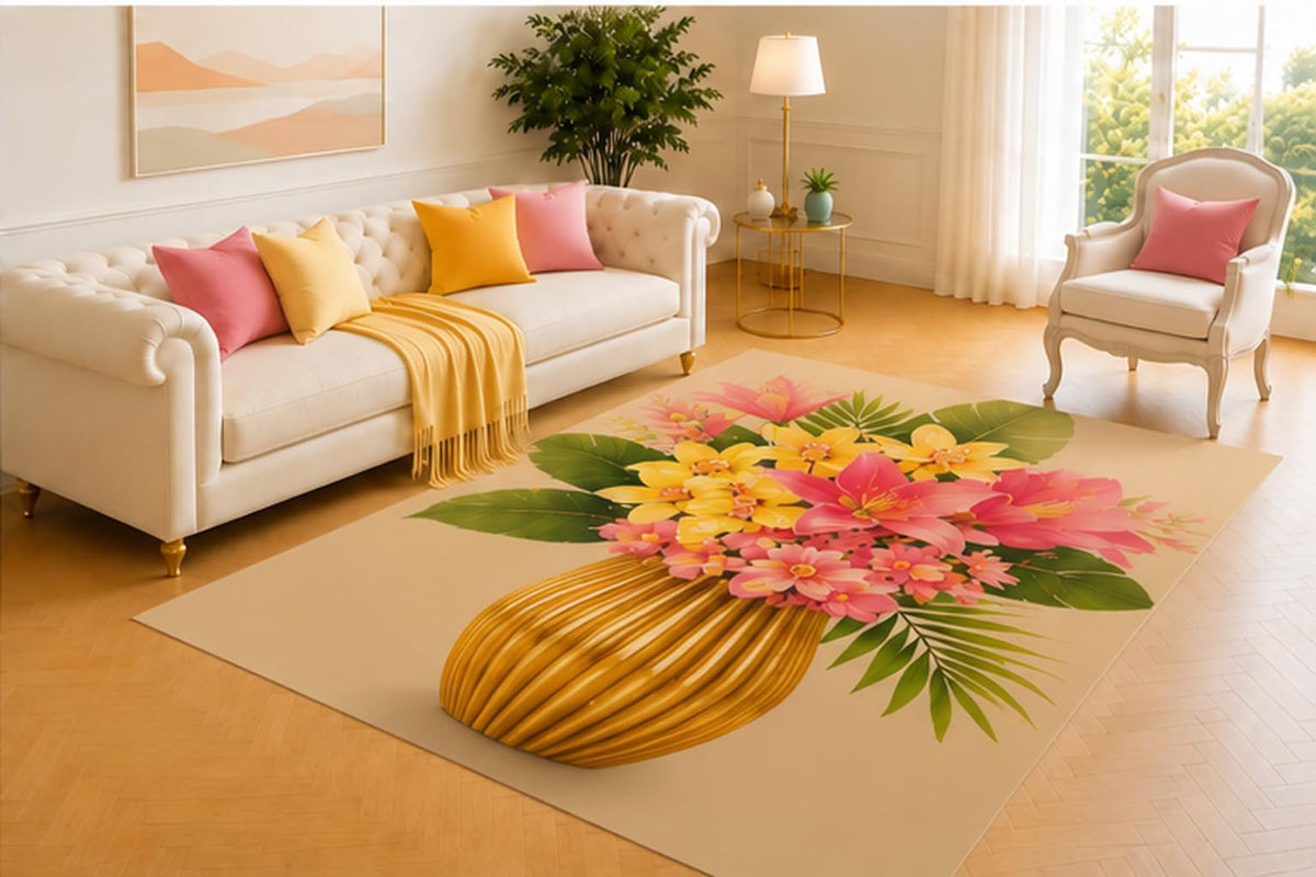 ICE ARMOR 5' x 7' Tropical Bouquet Rug, Pink Lilies and Yellow Orchids in a Sculpted Golden Vase, Exotic Accent for Living Room, Bedroom, Sunroom or Dressing Area