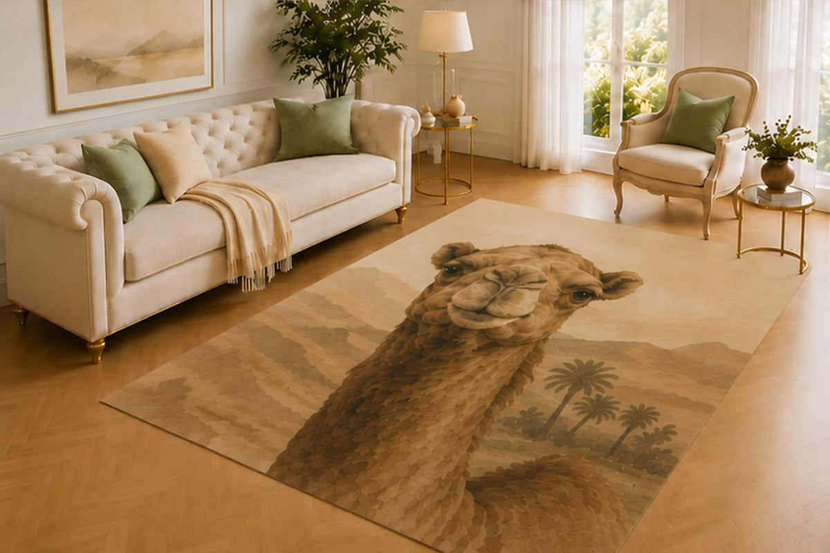 ICE ARMOR 5' x 7' Camel Rug, Desert Wildlife Artwork with Palm Trees and Mountain Oasis, Smooth Printed Floor Cover for Living Room, Bedroom and Bohemian Decor