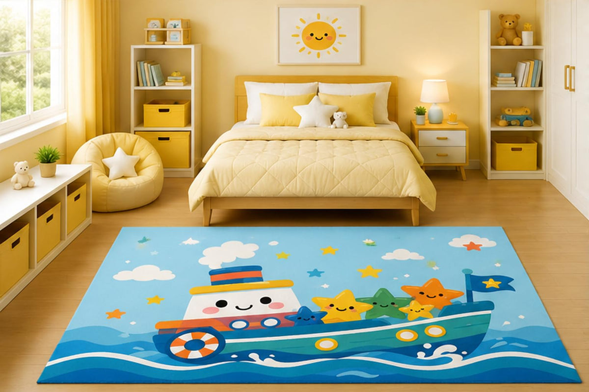 ICE ARMOR 5' x 7' Cute Smiling Tugboat with Happy Star Friends Area Rug for Kids Bedroom Nursery Playroom Scandinavian Minimalist Nautical Ocean Decor Non-Slip Silicone Backing Low Pile