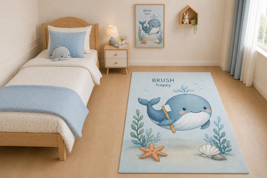 ICE ARMOR "Ultra Light Weight 5' x 7' Brush Happy Whale Area Rug for Living Room, Bedroom and Home Office, Soft Low Pile Carpet with Non-Slip Silicone Backing, Blue and Beige