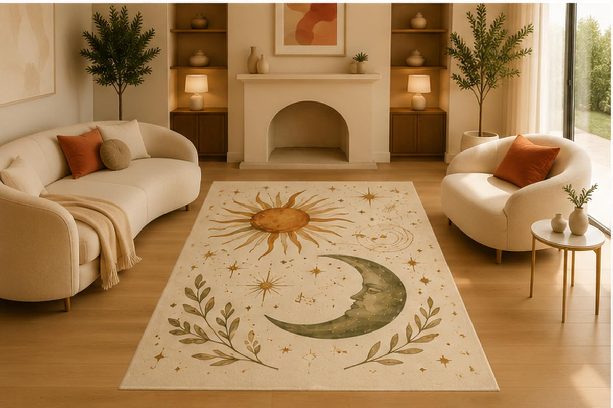 ICE ARMOR 5' x 7' Celestial Sun Moon Stars Area Rug, Soft Low Pile Indoor Rug with Non-Slip Silicone Backing, Decorative Carpet for Living Room, Bedroom, Cream
