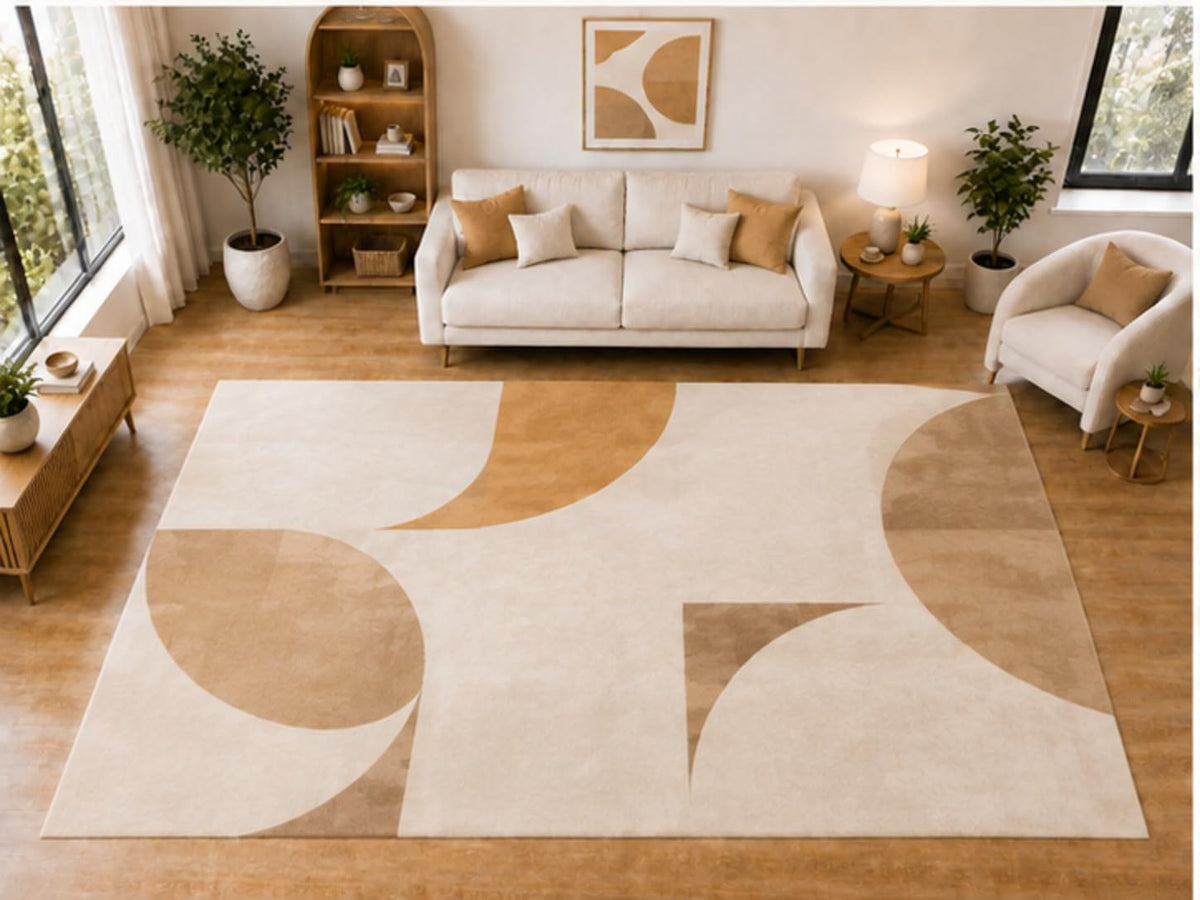 ICE ARMOR "Ultra Light Weight Large 6'7 x 9'10 Beige Curved Block Pattern Area Rug for Living Room Bedroom Dining Room Soft Low Pile Indoor Carpet Modern Geometric Floor Decor
