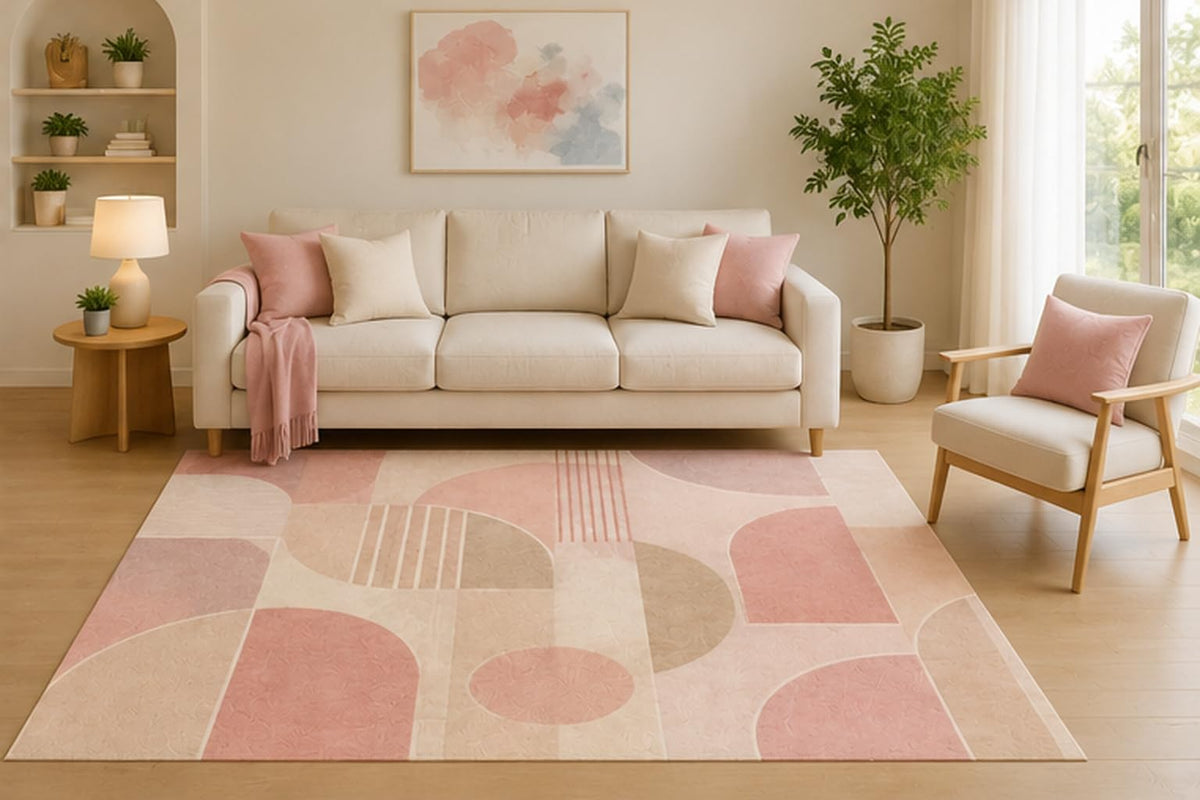 ICE ARMOR 5' x 7' Blush Geometric Area Rug, Pink Beige Modern Abstract Curved Shape Design for Living Room Bedroom Office, Non-Slip Silicone Backing, Low Pile Carpet