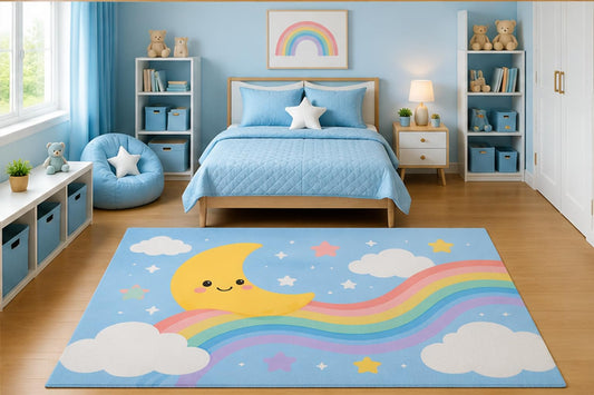 ICE ARMOR 5' x 7' Smiling Moon and Rainbow Sky Area Rug for Kids Bedroom Nursery Playroom Scandinavian Minimalist Pastel Cloud Decor Non-Slip Silicone Backing Low Pile
