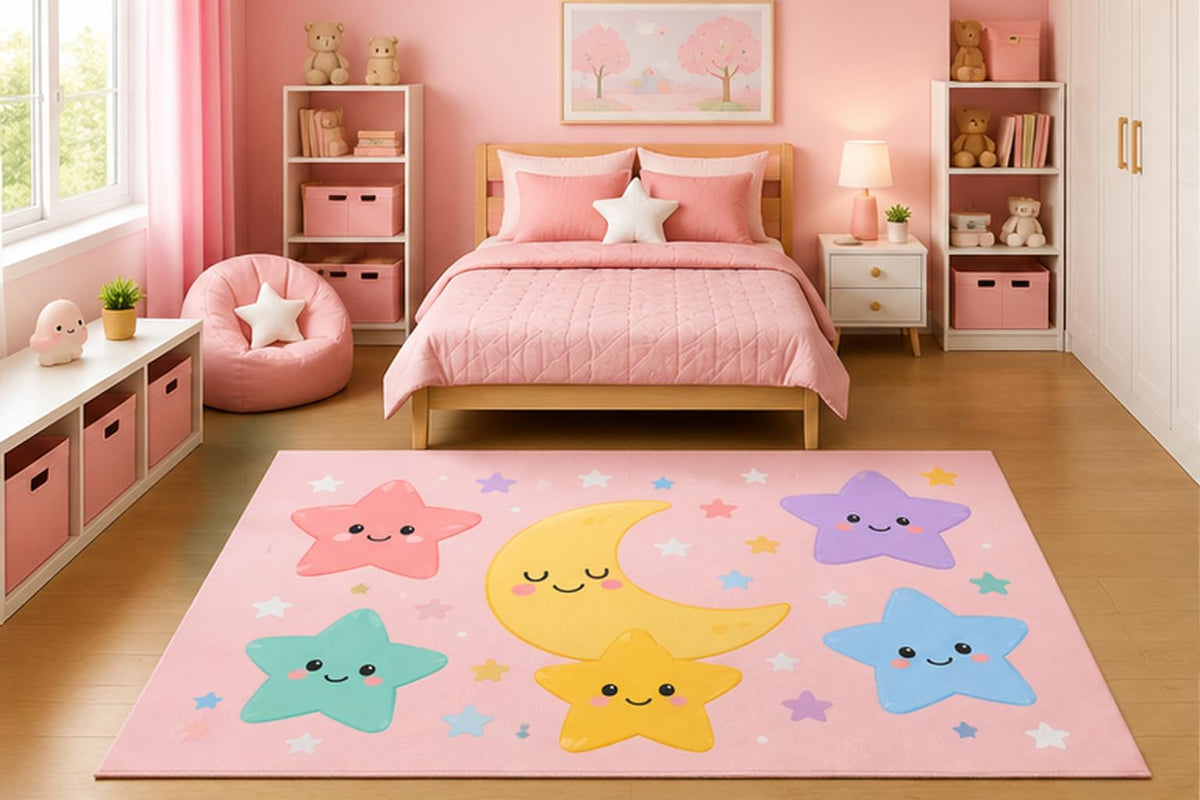 ICE ARMOR 5' x 7' Sleeping Moon and Smiling Stars Area Rug for Girls Bedroom Nursery Playroom Scandinavian Minimalist Celestial Kawaii Decor Non-Slip Silicone Backing Low Pile