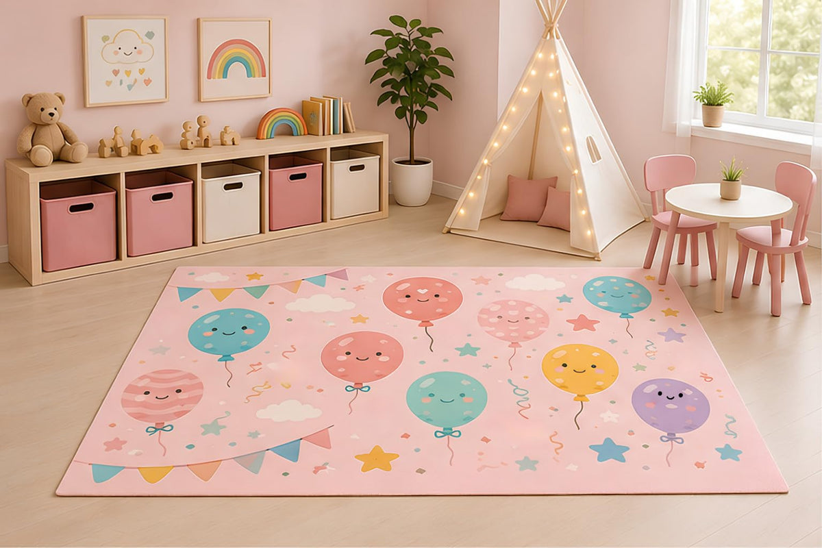 ICE ARMOR 5' x 7' Birthday Balloons Area Rug for Kids Playroom Nursery Bedroom, Pastel Party Celebration Cartoon Decorative Carpet, Non-Slip Silicone Backing Low Pile