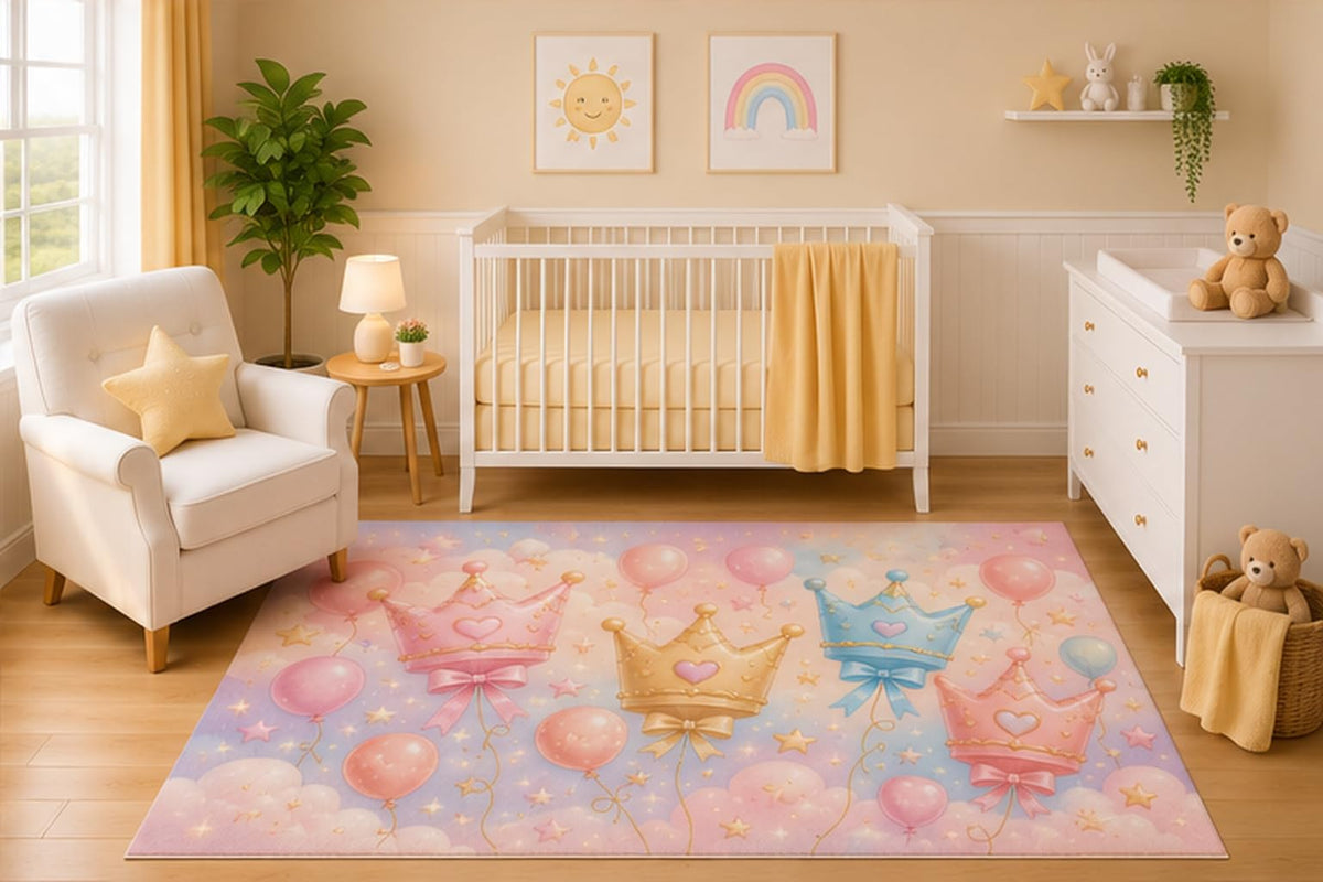 ICE ARMOR 5' x 7' Princess Crown Balloon Area Rug for Nursery Room, Cute Pastel Crowns Hearts Clouds and Balloons Fantasy Design for Baby Girl Bedroom Decor, Non-Slip Silicone Backing Low Pile