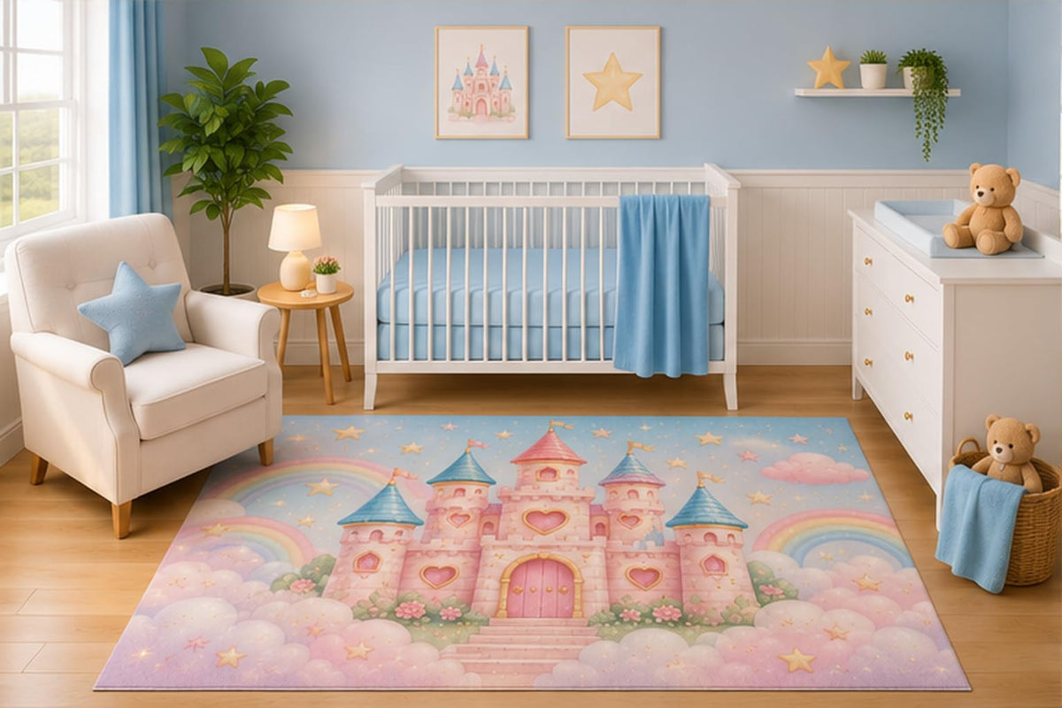ICE ARMOR 5' x 7' Princess Castle Area Rug for Nursery Room, Fairytale Rainbow Clouds and Stars Design for Baby Girl Bedroom Playroom Decor, Non-Slip Silicone Backing Low Pile