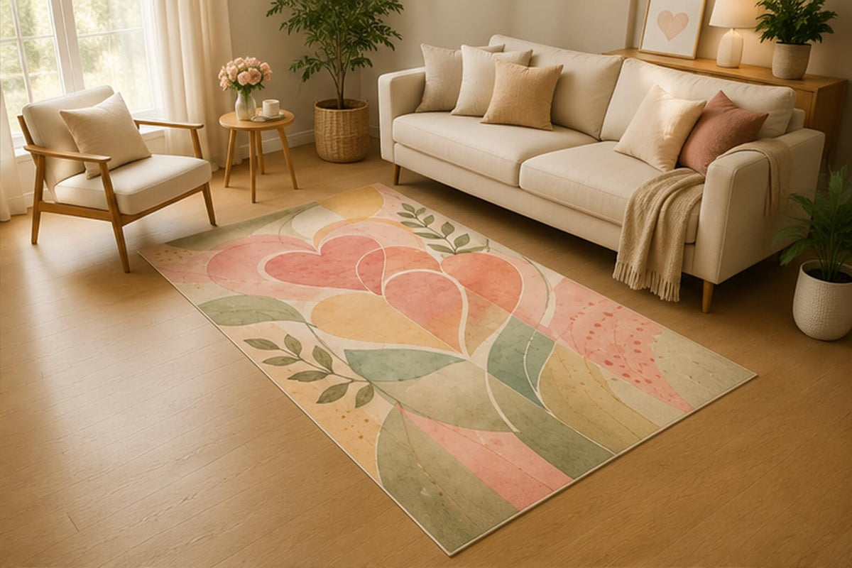 ICE ARMOR 5' x 7' Abstract Botanical Heart Area Rug, Soft Low Pile Indoor Rug with Non-Slip Silicone Backing for Living Room, Bedroom, Office, Family Room, Modern Decor, Pink Green Peach