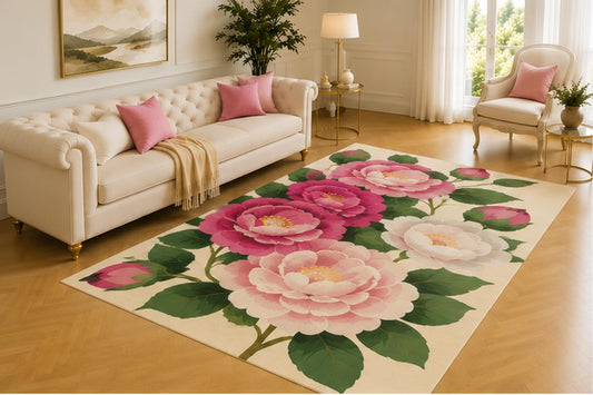 ICE ARMOR 5' x 7' Peony Blossom Rug, Oversized Pink and White Flowers with Deep Green Leaves, Elegant Floor Decor for Bedroom, Living Room or Dressing Area