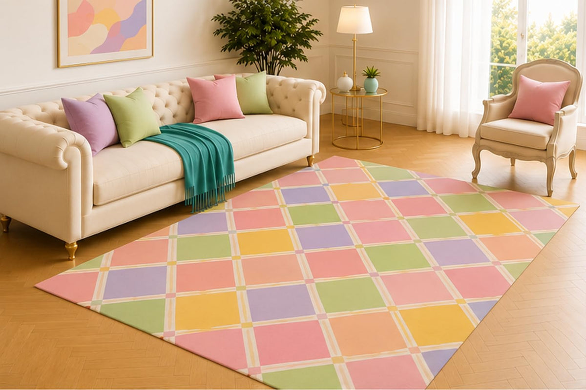 ICE ARMOR 5' x 7' Pastel Plaid Area Rug, Modern Checkered Grid Pattern in Pink Sage Green Lavender Yellow and Cream, Soft Low Pile Carpet for Living Room Bedroom Nursery Playroom