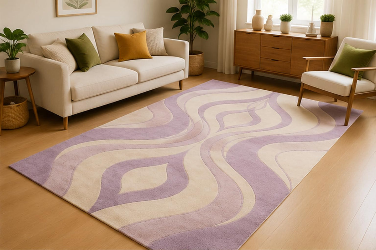 ICE ARMOR 5' x 7' Retro Lavender Wave Area Rug for Living Room, Soft Low Pile Indoor Rug with Non-Slip Silicone Backing, Modern Decorative Carpet for Bedroom, Office, Family Room, Lavender Ivory