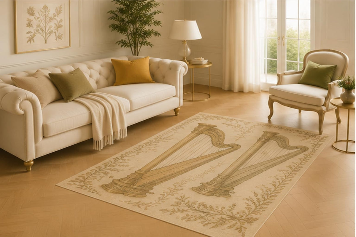ICE ARMOR 5' x 7' Antique Harp Illustration Area Rug for Living Room, Soft Low Pile Floor Mat with Non-Slip Silicone Backing for Bedroom, Music Studio, Office, Kids and Pets