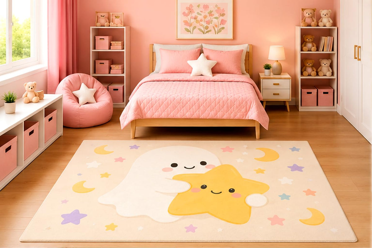ICE ARMOR 5' x 7' Cute Ghost Hugging Smiling Star Area Rug for Kids Bedroom Nursery Playroom Scandinavian Minimalist Kawaii Celestial Decor Non-Slip Silicone Backing Low Pile