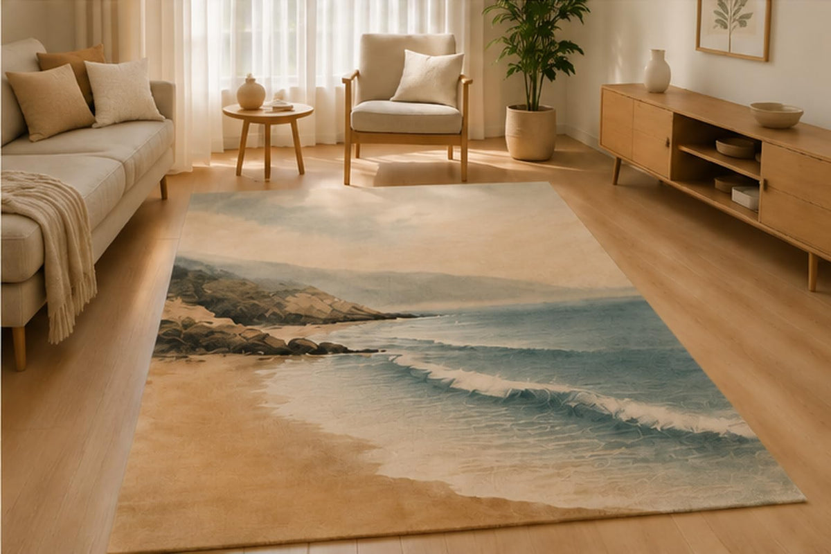 ICE ARMOR 5' x 7' Coastal Beach Waves Area Rug Soft Low Pile Indoor Rug with Non-Slip Silicone Backing Ocean Inspired Carpet for Living Room Bedroom Dining Room Office Blue Beige