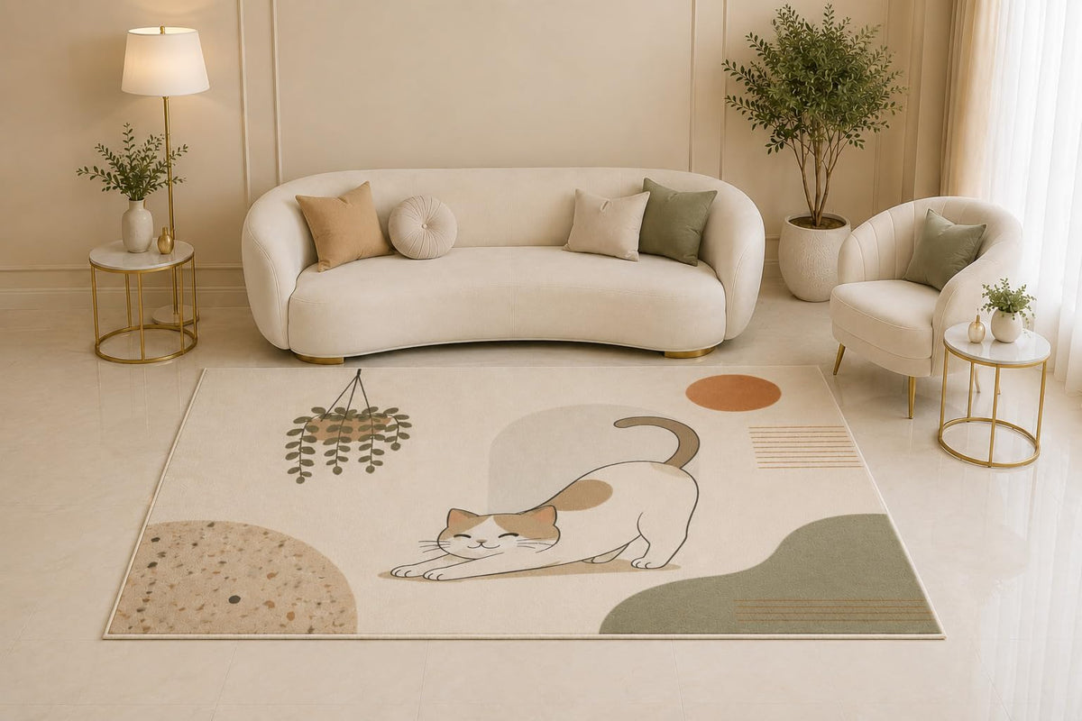 ICE ARMOR 5' x 7' Cute Cat Area Rug, Minimalist Stretching Kitten Botanical Abstract Design for Living Room Bedroom Nursery Decor, Non-Slip Silicone Backing Low Pile